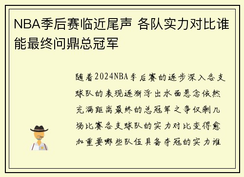 NBA季后赛临近尾声 各队实力对比谁能最终问鼎总冠军