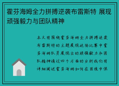 霍芬海姆全力拼搏逆袭布雷斯特 展现顽强毅力与团队精神
