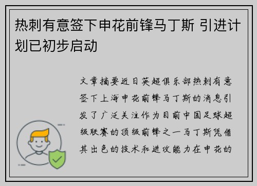 热刺有意签下申花前锋马丁斯 引进计划已初步启动