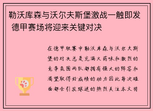 勒沃库森与沃尔夫斯堡激战一触即发 德甲赛场将迎来关键对决